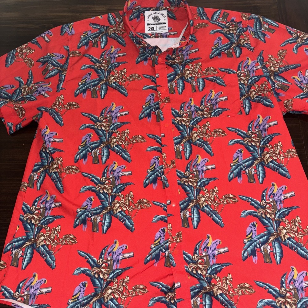 Savage Tacticians Shirt Mens 2XL XXL Red Short Sleeve Floral Parrots Gun Print